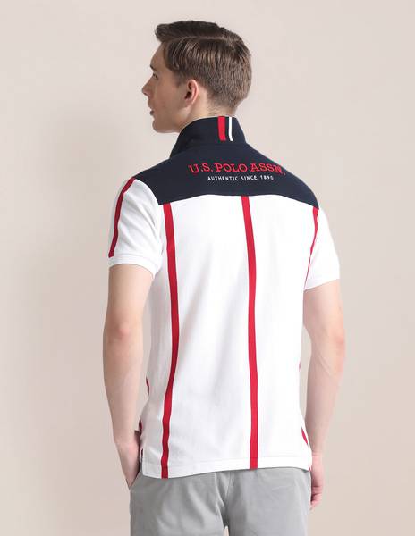 U.S. POLO ASSN. Striped, Typography Men Polo Neck White T-Shirt