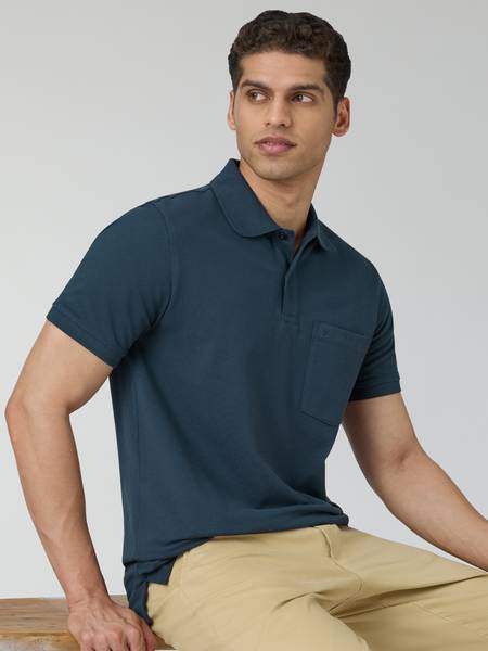 XYXX Solid Men Polo Neck Dark Blue T-Shirt