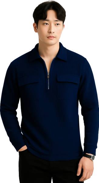 JUGULAR Solid Men Zip Neck Navy Blue T-Shirt