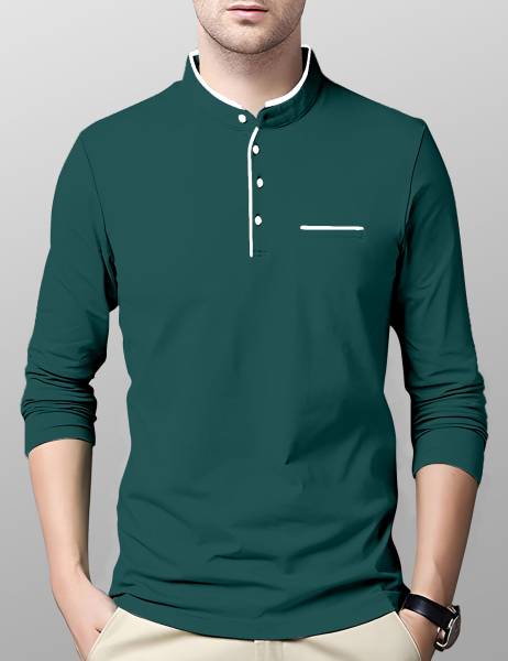 AUSK Solid Men Mandarin Collar Green T-Shirt