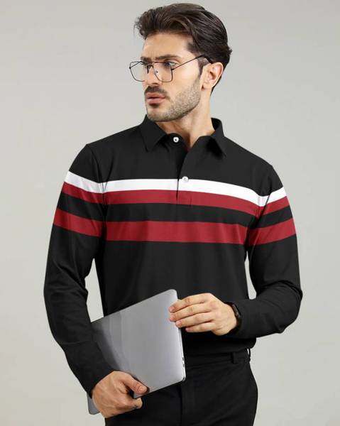 AUSK Striped Men Polo Neck Black T-Shirt