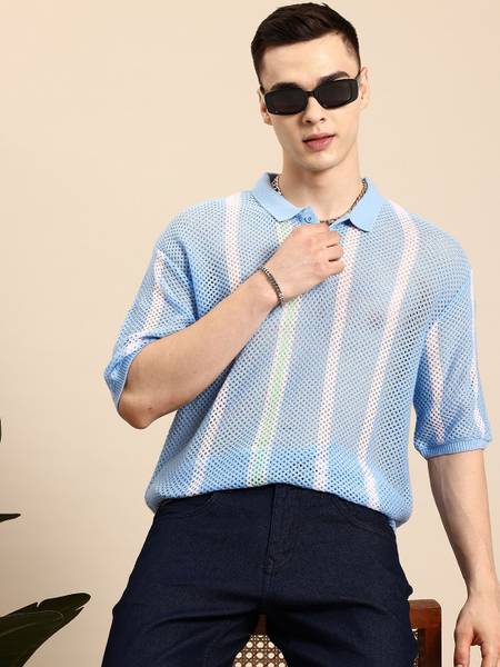 Mast & Harbour Striped Men Polo Neck Blue T-Shirt
