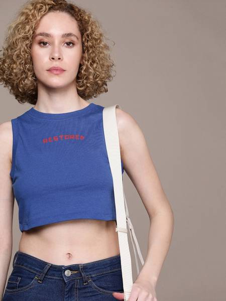 Roadster Printed, Typography Women Round Neck Blue T-Shirt