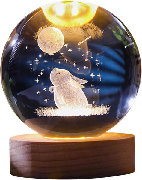Dhvyant Mart LED Wooden Base 3D Rabbit & Moon Crystal Ball Light Gift For Friends & Family Night Lamp