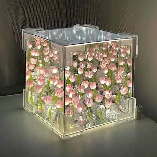 Dykidrah DIY Tulip Cube Mirror Lamp, 30 Flowers Night Lamp