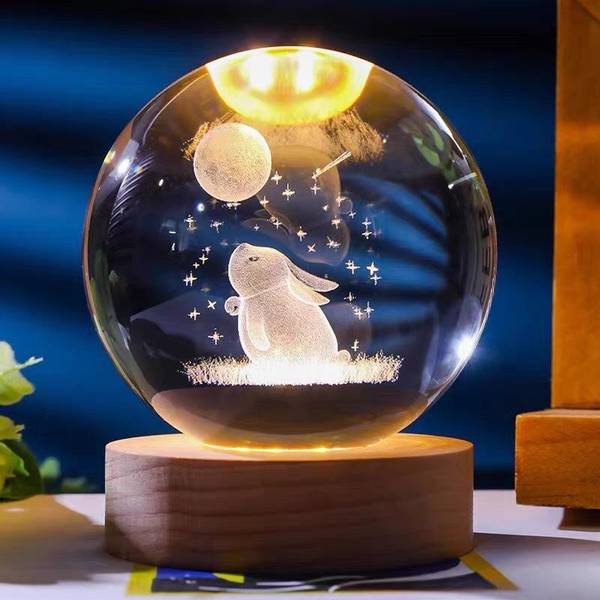 SHOPOGENIX Moon Rabbit Crystal Ball 2.4" Glass Globe with LED Wooden Base Table Lamp Night Lamp