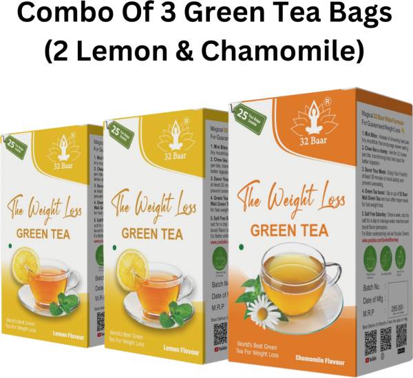 32 Baar Combo Of 3 Green Tea Bags( 2 Lemon & Chamomile) Green Tea Bags Box