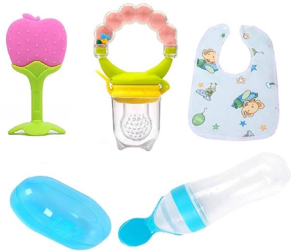 qtypie Baby combo of 5pcs, Spoon feeding & teether, Rattle Nibbler, brush with bib Feeder