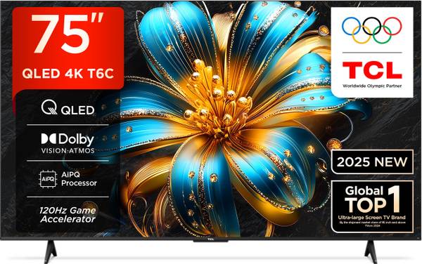 TCL T6C 189 cm (75 inch) QLED Ultra HD (4K) Smart Google TV 2025 Edition with HDR 10+ | Dolby Vision- Atmos 35W |120 Hz Game Accelerator (DLG) | Metal...