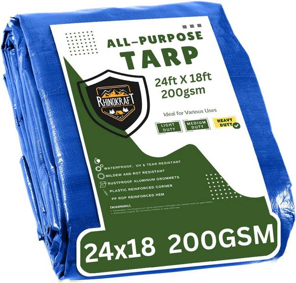 RHINOKraft 24ft x 18ft, 200 GSM | Water Proof Tarpaulin Sheet Reinforces edges Tent - For Camping, Construction Sites, Transportation Covers, Temporar...