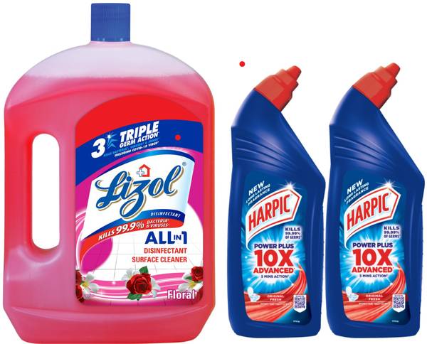 Lizol Disinfectant Surface Cleaner Floral 2L and Harpic Power Plus (1L x2) Original Liquid Toilet Cleaner