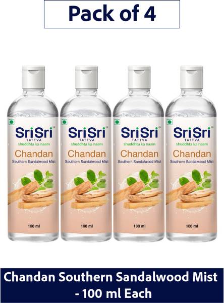 Sri Sri Tattva Chandan - Southern Sandalwood Mist, Pack of 4 x 100 ml Flip-Top Bottles For Men & Women