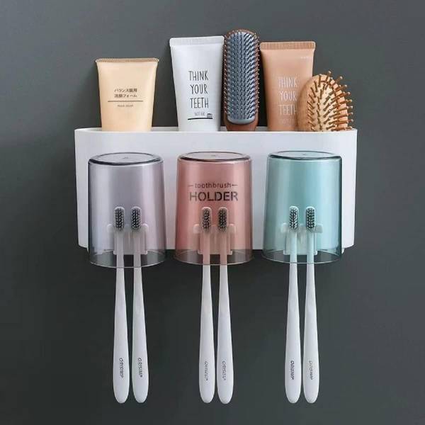 KPTON Toothbrush Holder Wall Mounted, 3 Cups Toothbrush Holders Bathroom Organization Plastic Toothbrush Holder