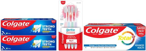 Colgate Gentle Sensitive Toothbrush 4Pc & Strong Teeth 150gx2 Total Advanced Health 300g Toothpaste