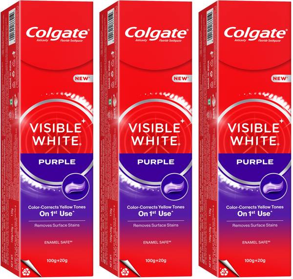 Colgate Visible White Purple Toothpaste Color-Corrects Yellow Tones on 1st Use^ 120gx3pc Toothpaste