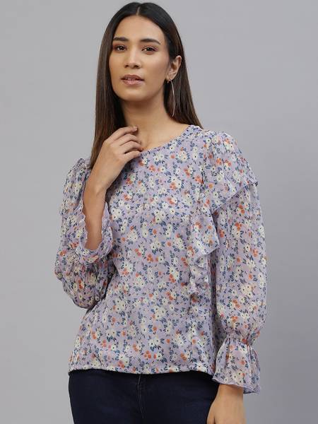 PLUSS Casual Printed Women Light Blue Top