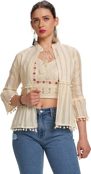 mequeen Party Ethnic Motifs Women Beige Top