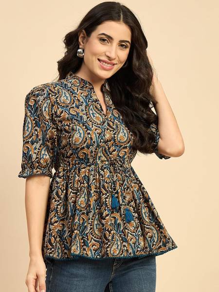 SANTOLIYA Casual Floral Print Women Black Top