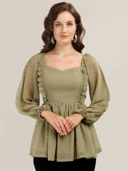 Prettify Casual Self Design Women Light Green Top