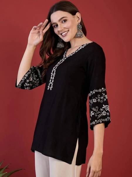 Mahira's Comfort Party Embroidered Women Black Top