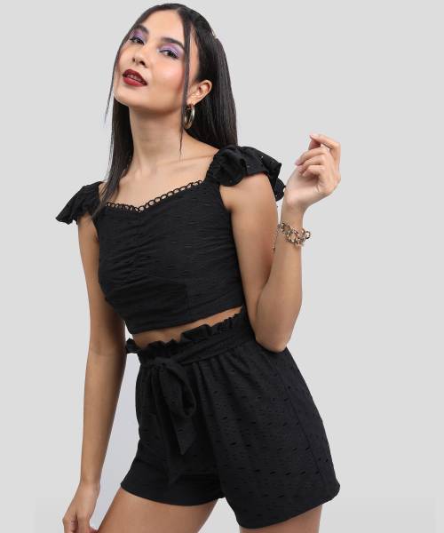KETCH Casual Self Design Women Black Top
