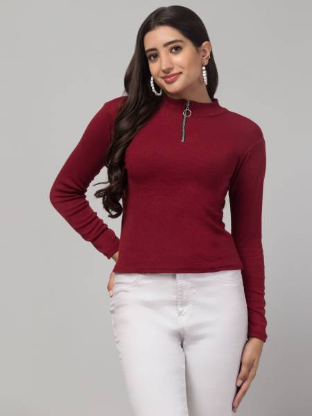 STYLE PREZONE Casual Solid Women Maroon Top