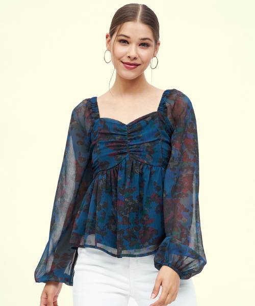 HARPA Casual Floral Print Women Blue Top