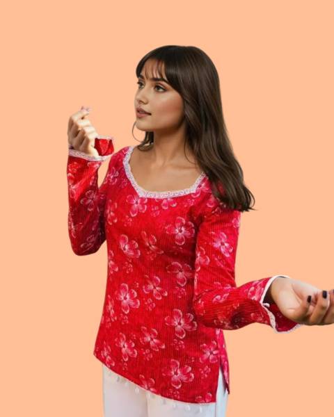 Ivory Bloom Casual Floral Print Women Red Top