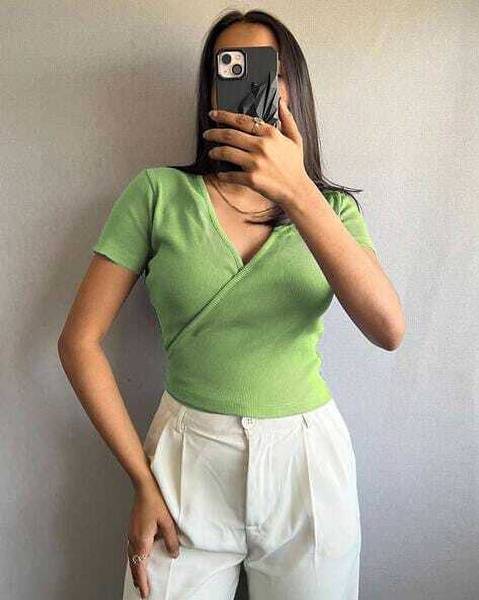 DR Brand Casual Solid Women Green Top