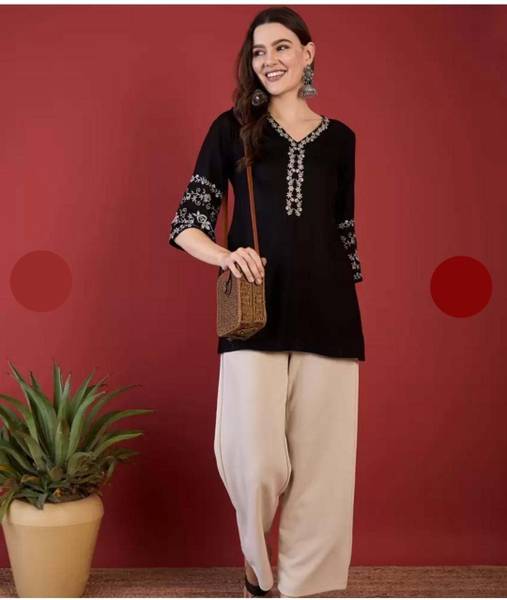 Emica Casual Embroidered Women Black Top