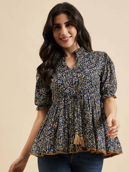 SANTOLIYA Casual Floral Print Women Blue Top