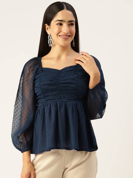 SLENOR Casual Self Design Women Blue Top