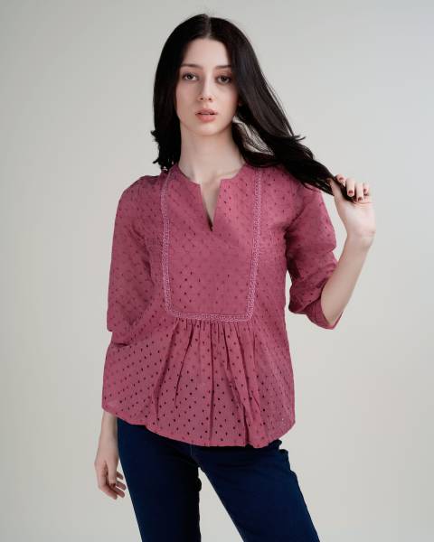 HOUSE OF MIRA Casual Embroidered Women Pink Top