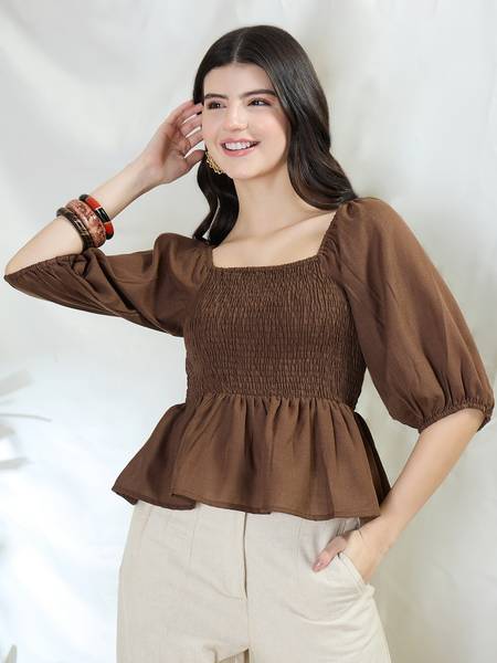 DRAPE AND DAZZLE Casual Solid Women Brown Top