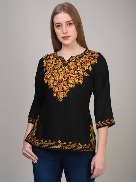 Lazom Casual Embroidered Women Black Top