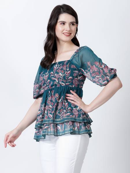 DRAPE AND DAZZLE Party Printed Women Green Top