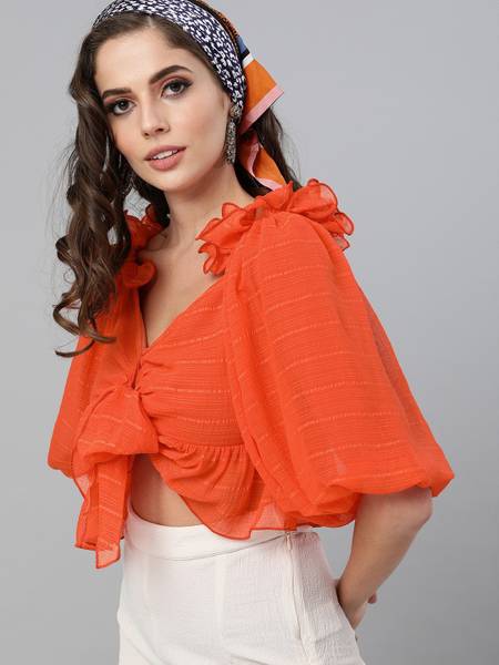 KASSUALLY Casual Striped Women Orange Top