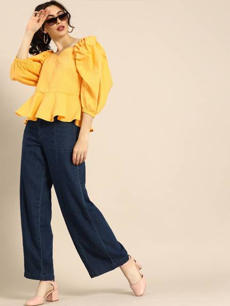 ATHENA Casual Solid Women Yellow Top