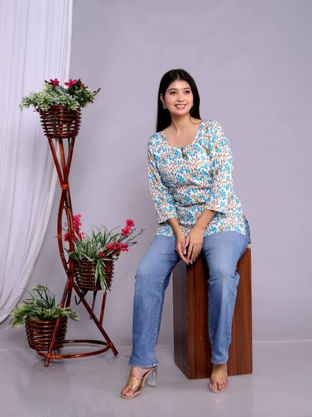 mezgown Casual Printed Women Blue, White, Light Blue Top