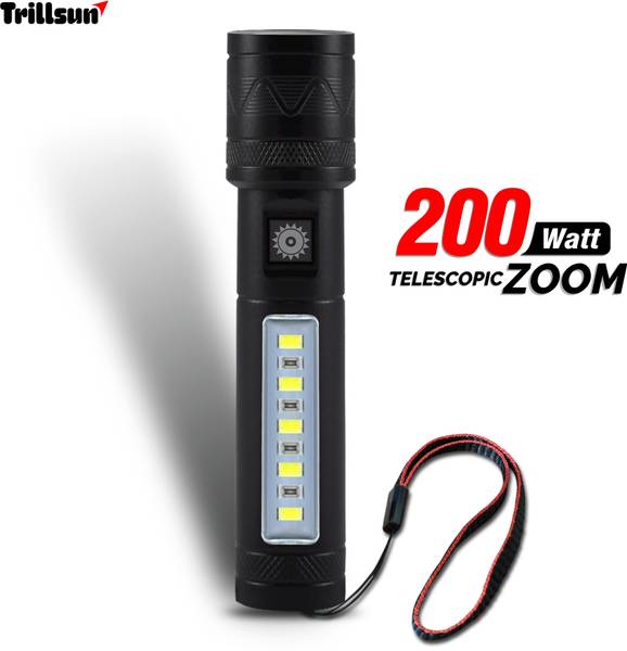 Trillsun Zoomable Metal Led Torch , 6 Modes Flashlight Blinker with 200W Led Light Torch