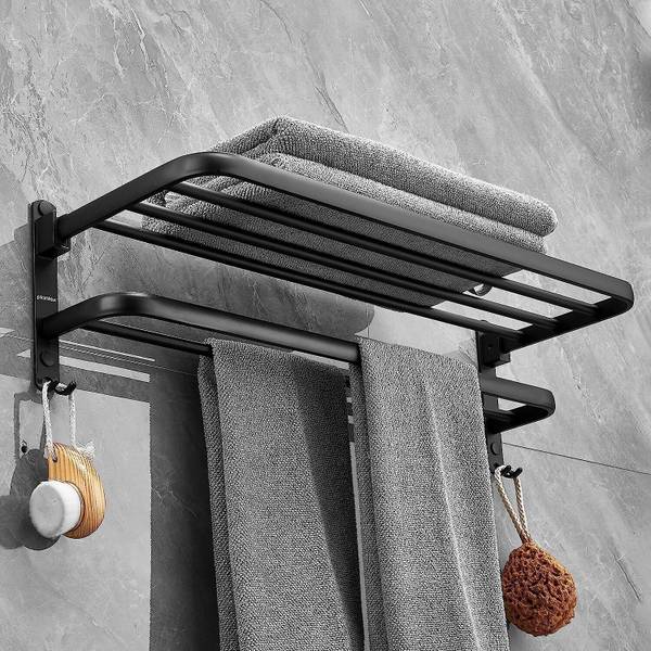 Plantex Aluminium Folding Towel Rack with Fix Towel Rod/Towel Hanger with Hook (963) Black Towel Holder