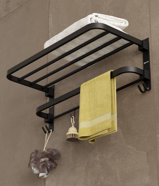 GRIVAN Heavy-Duty Foldable Towel Stand | Rack | Holder | Shelf With Hooks And Hanger Black Matte Towel Holder