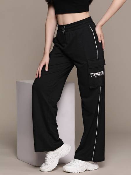 Patche Striped Women Black Track Pants