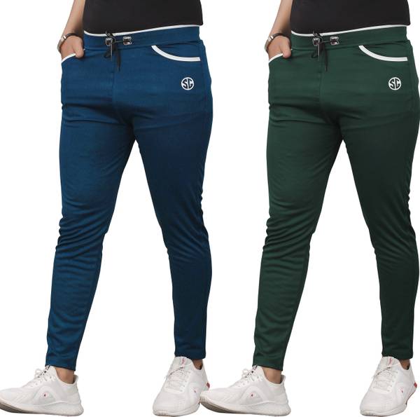 SilkGrid Solid Men Green, Light Blue Track Pants