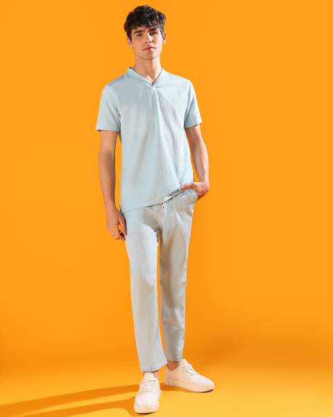 INDICLUB Men Self Design Light Blue Top & Pyjama Set