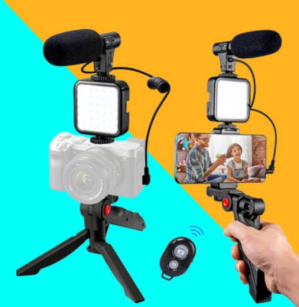 Clethics Mobile Vlogging Kit with Microphone, Tripod Stand, Remote control and LED Light Tripod Kit