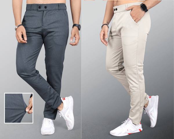 INDICLUB Regular Fit Men Grey, Beige Trousers