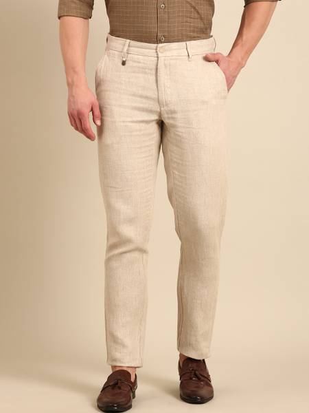 Linen Club Slim Fit Men Beige Trousers