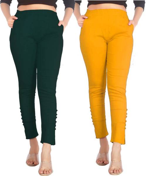 SAJATA Slim Fit Women Yellow, Green Trousers