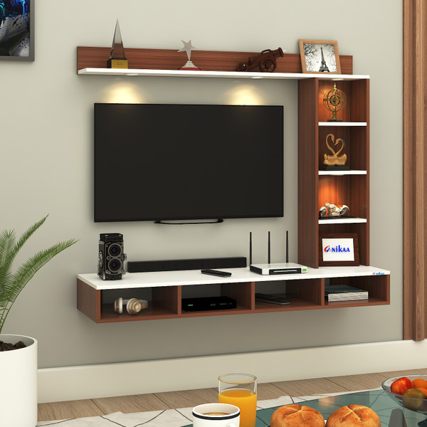 FURNIWUD Briza Wall Mounted TV Unit with 4 LED Lights,9 Open Display Boxes & Shelf Design Engineered Wood TV Entertainment Unit